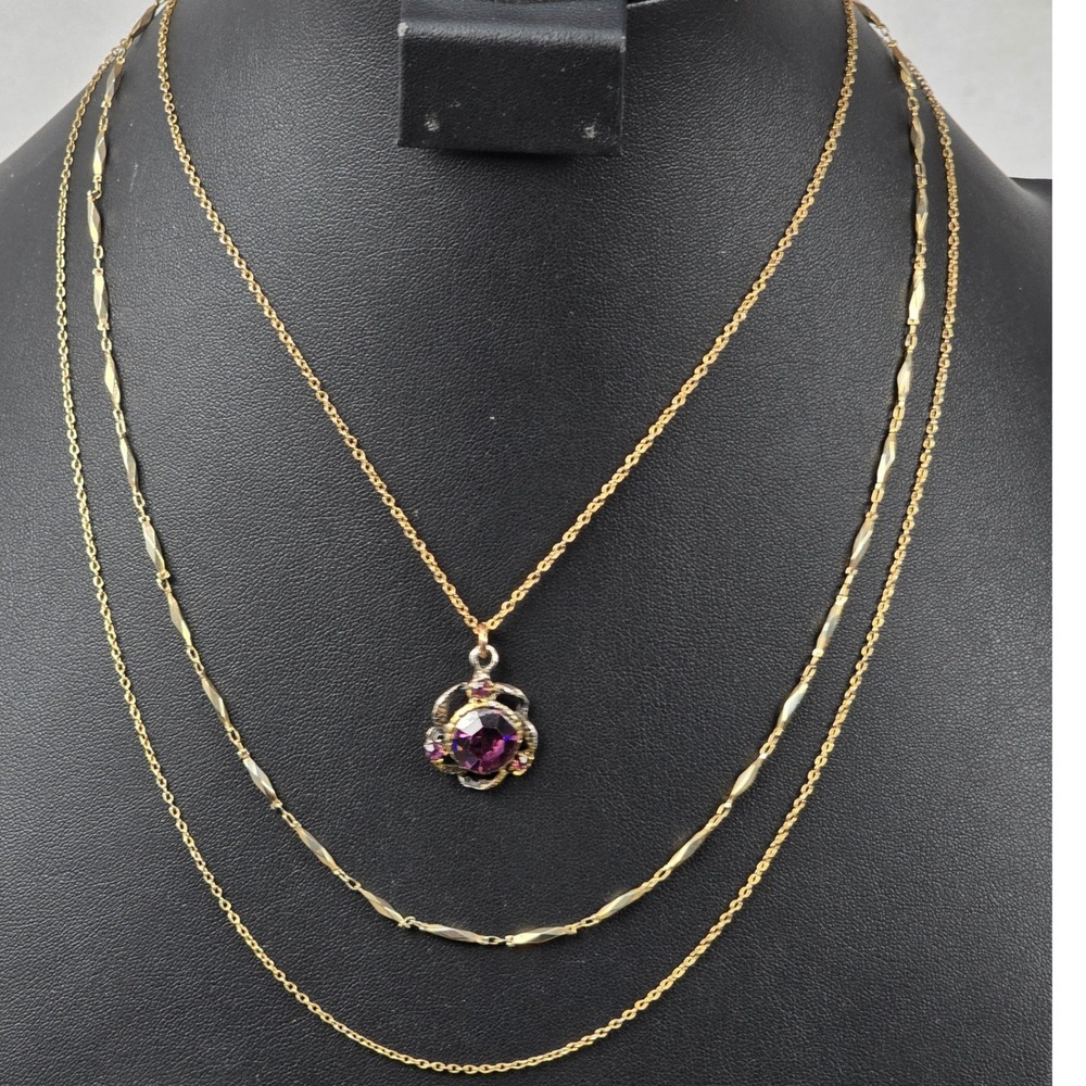 Vintage Art Deco Style Gold-Tone 3 Strand Necklace Purple Crystal Floral Pendant